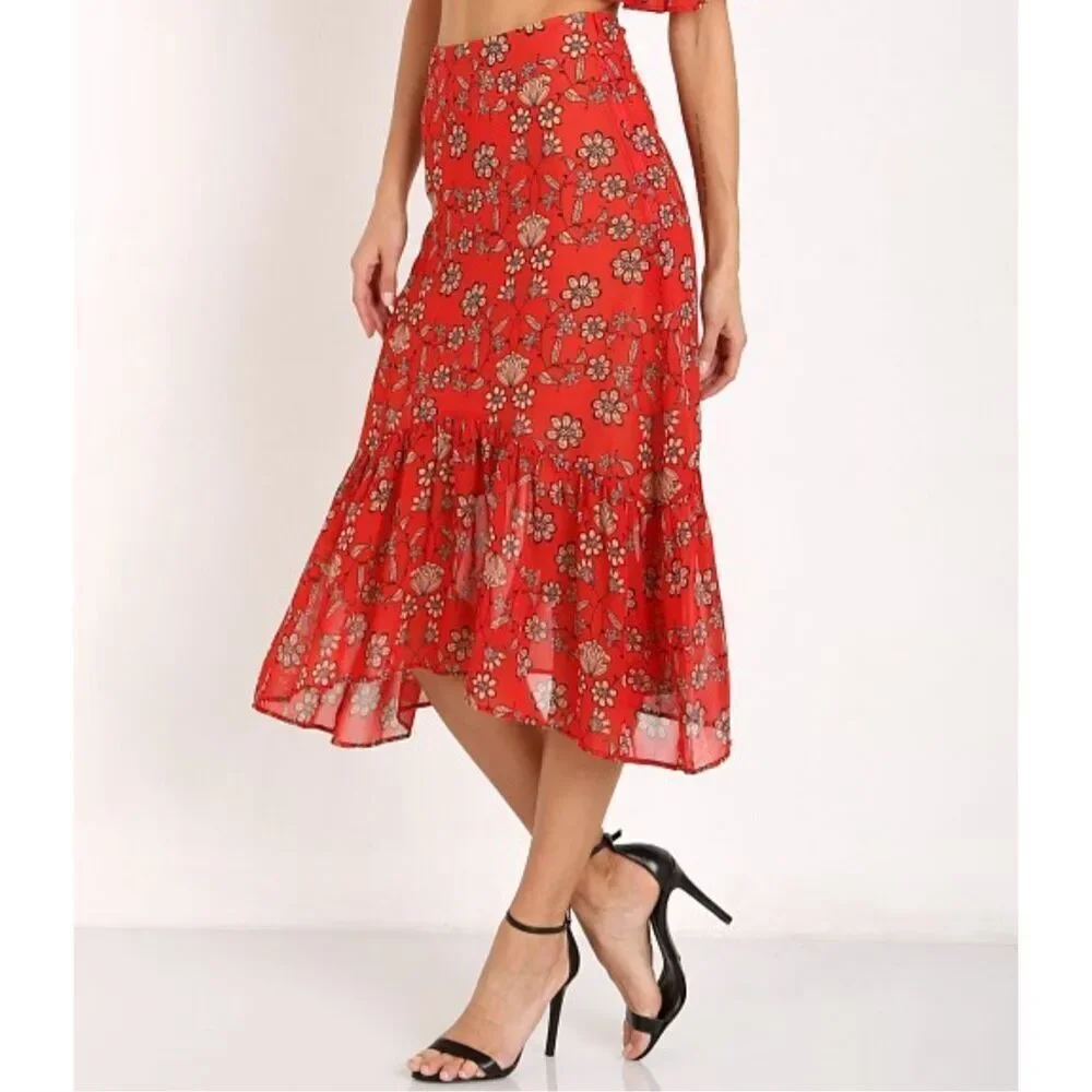 For Love And Lemons Country Western Asymmetrical Red Floral Pia Midi Skirt Size - Picture 2 of 11